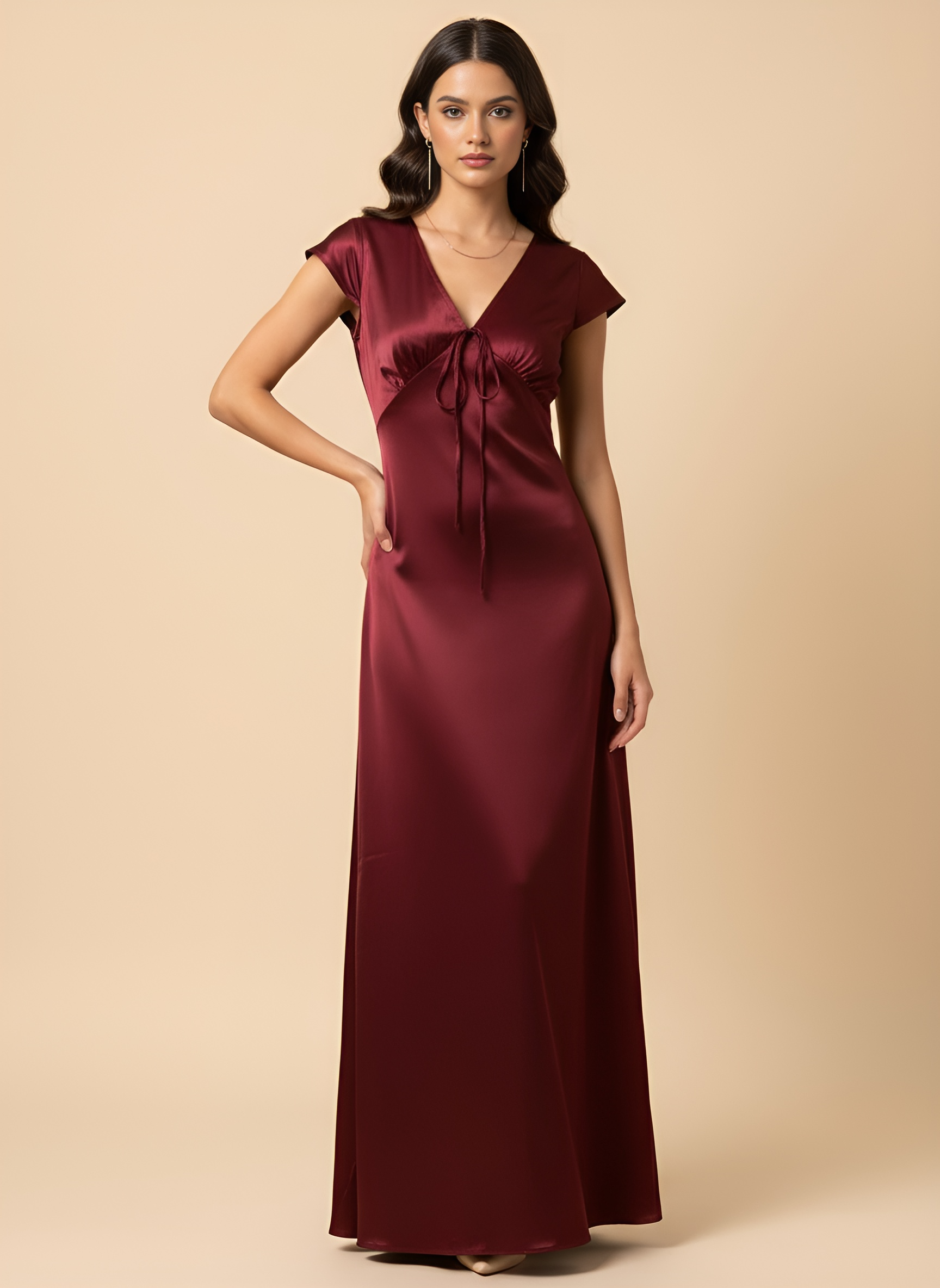 Sienna Premium Wood-Grain Silk Long Dress | Deep V Neck | Minimalist Luxury Party Wear