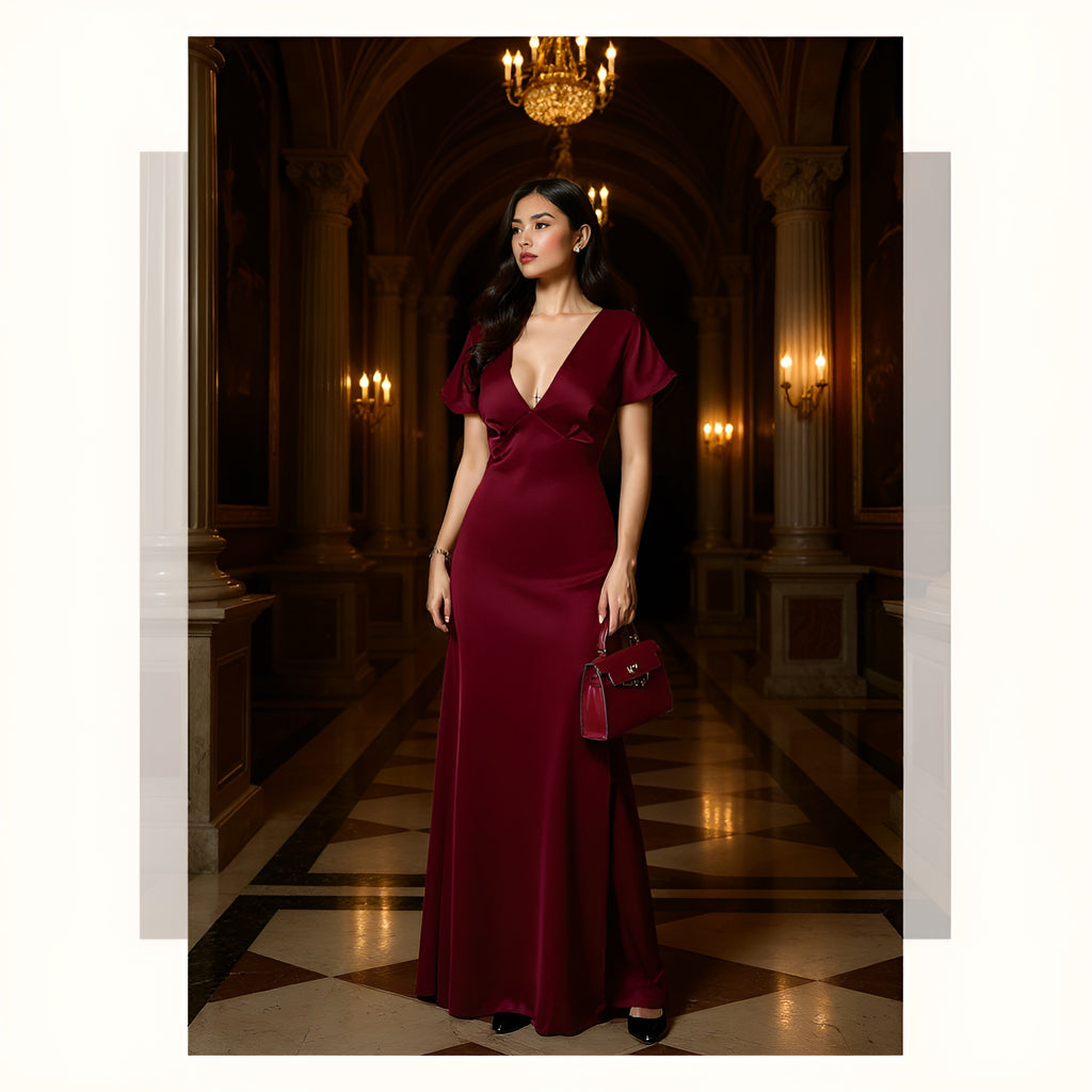 Vivian Butterfly-Sleeve Silk Dress with Deep V Neck – Elegant Open-Back Gown