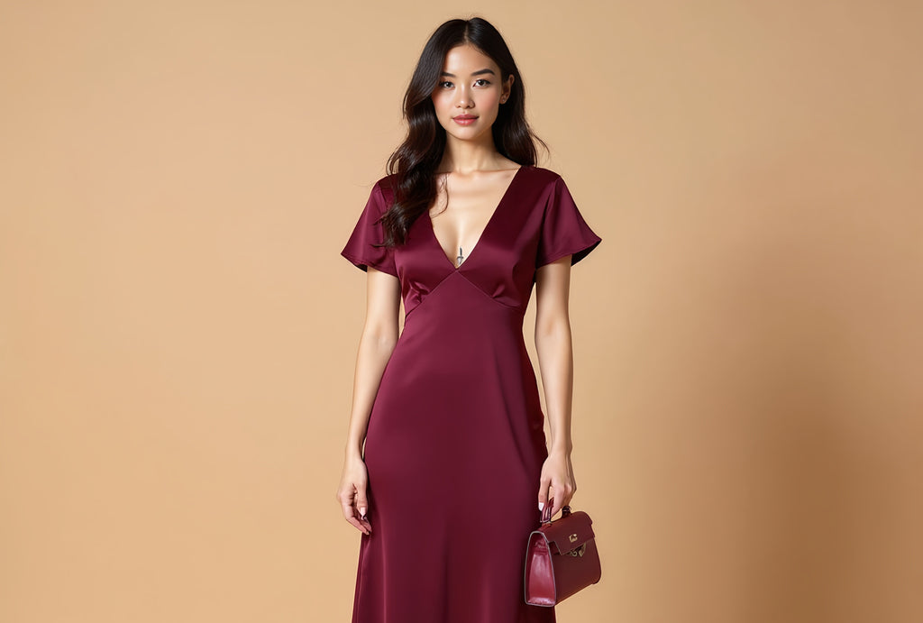 Vivian Butterfly-Sleeve Silk Dress with Deep V Neck – Elegant Open-Back Gown