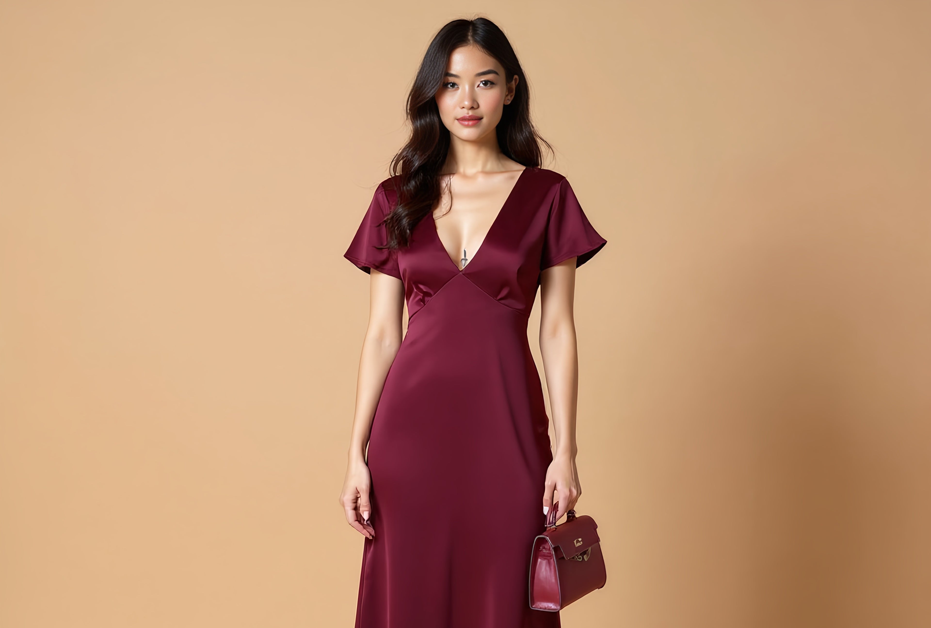 Vivian Butterfly-Sleeve Silk Dress with Deep V Neck – Elegant Open-Back Gown