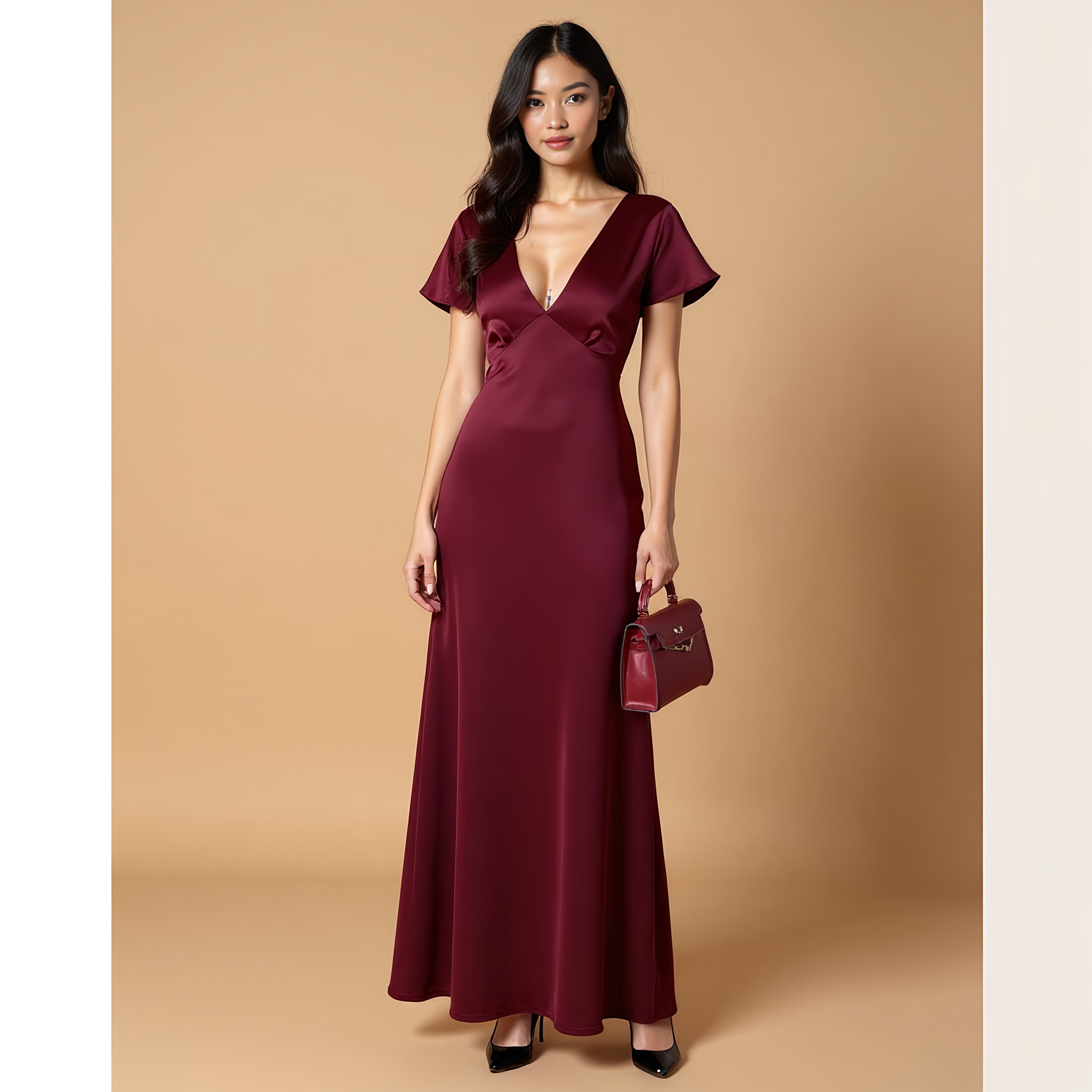 Vivian Butterfly-Sleeve Silk Dress with Deep V Neck – Elegant Open-Back Gown