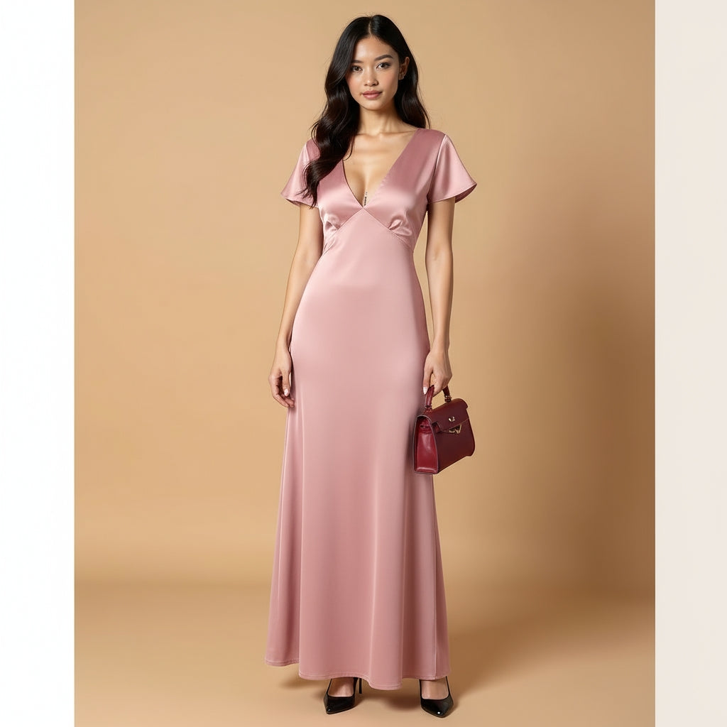 Vivian Butterfly-Sleeve Silk Dress with Deep V Neck – Elegant Open-Back Gown