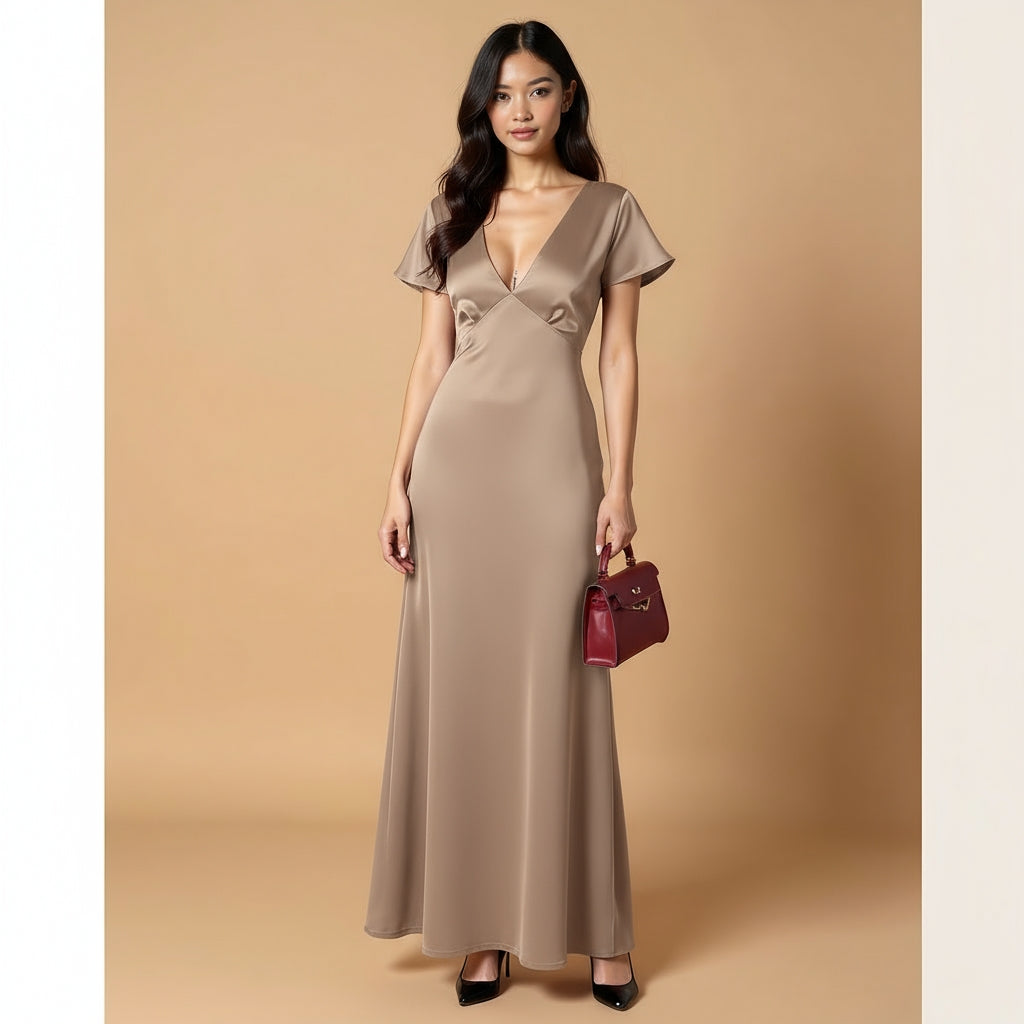 Vivian Butterfly-Sleeve Silk Dress with Deep V Neck – Elegant Open-Back Gown