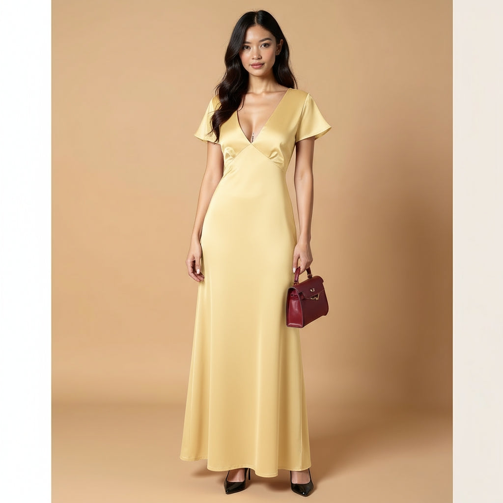 Vivian Butterfly-Sleeve Silk Dress with Deep V Neck – Elegant Open-Back Gown