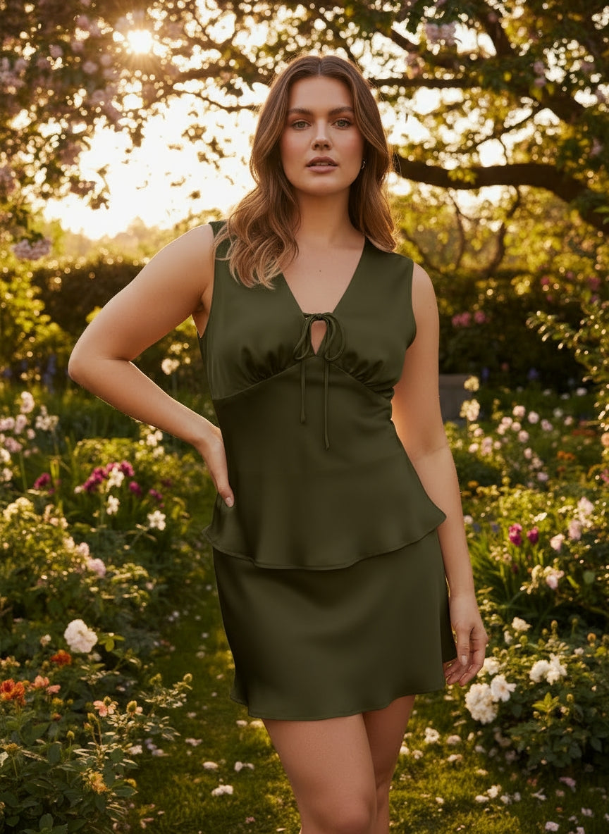 Moonie Silk Set – V-Neck Tie Crop Top & Flowing Skirt with Built-In Shorts