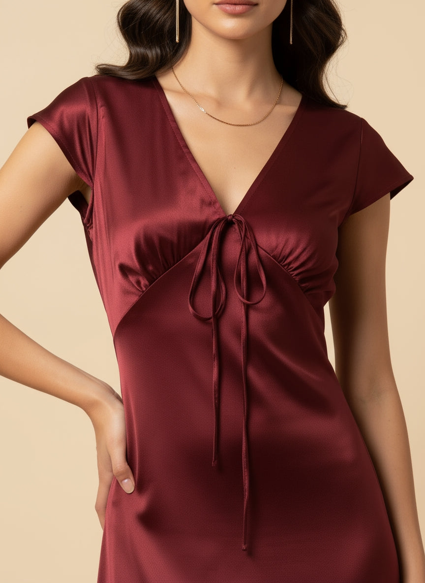 Sienna Premium Wood-Grain Silk Long Dress | Deep V Neck | Minimalist Luxury Party Wear