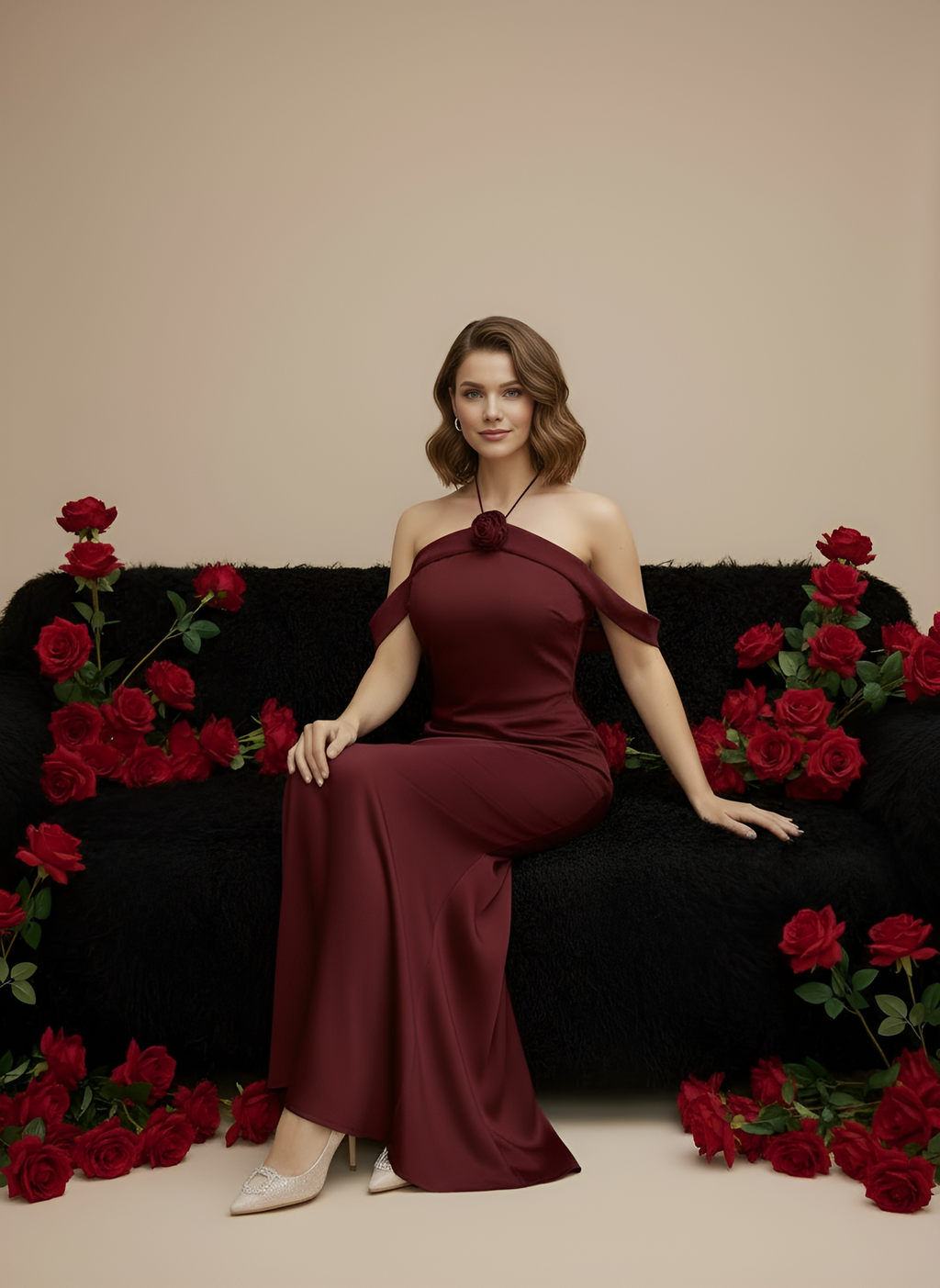 Rosie Off-Shoulder Halter Maxi Dress | Premium Suzhou Silk | Black & Wine Red | Silky Mantra